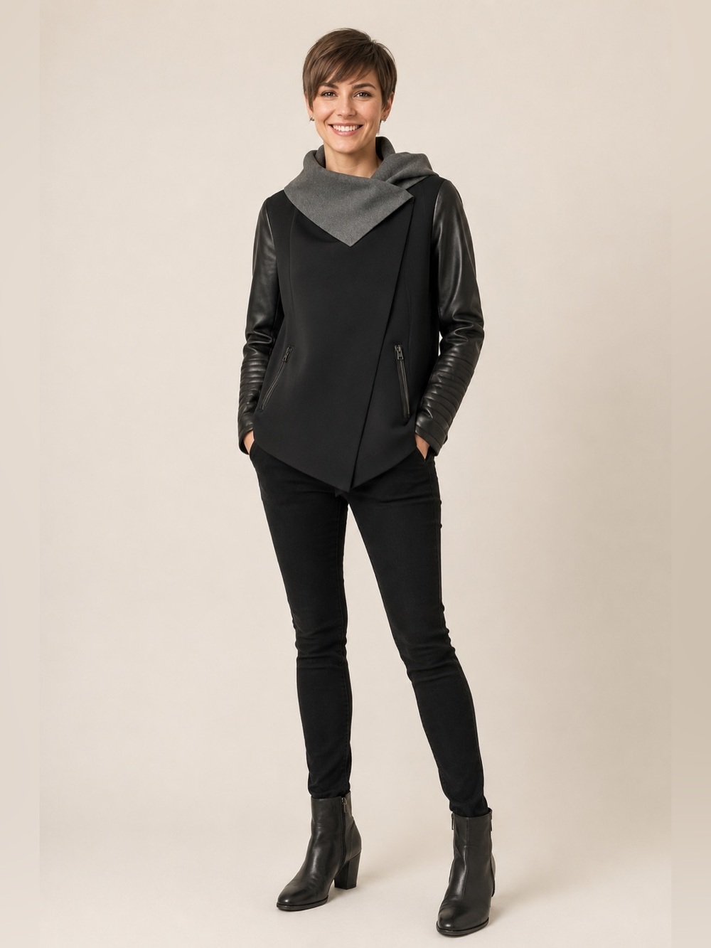 Rudsak Black Gray Lamony Neoprene and Leather Jacket